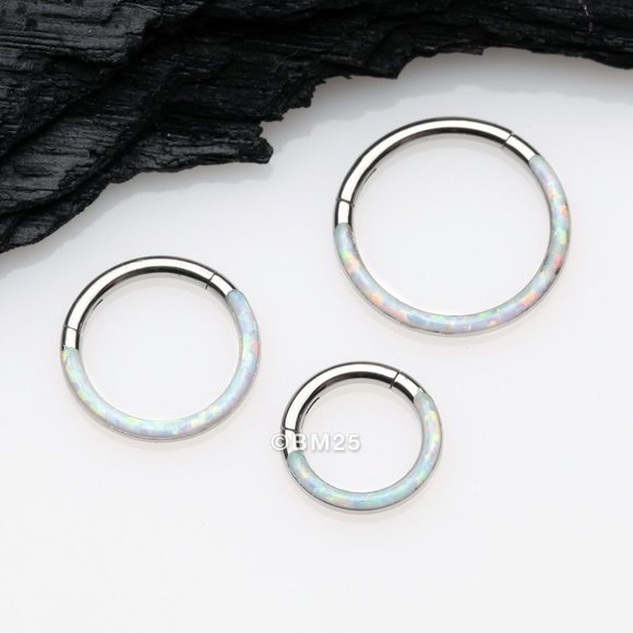 COPY - Brilliant Fire Opal Lined Front Facing Seamless Clicker Hoop Ring - White - Picture 2 of 3